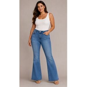 Curve Appeal High Rise Flare Jeans distress Wash Size 14/32 Stretch Denim